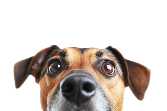 Curious dog peeking over edge on transparent background — high-resolution PNG cut-out perfect for web banners, pet-themed social posts, e-commerce overlays, and veterinary marketing visuals