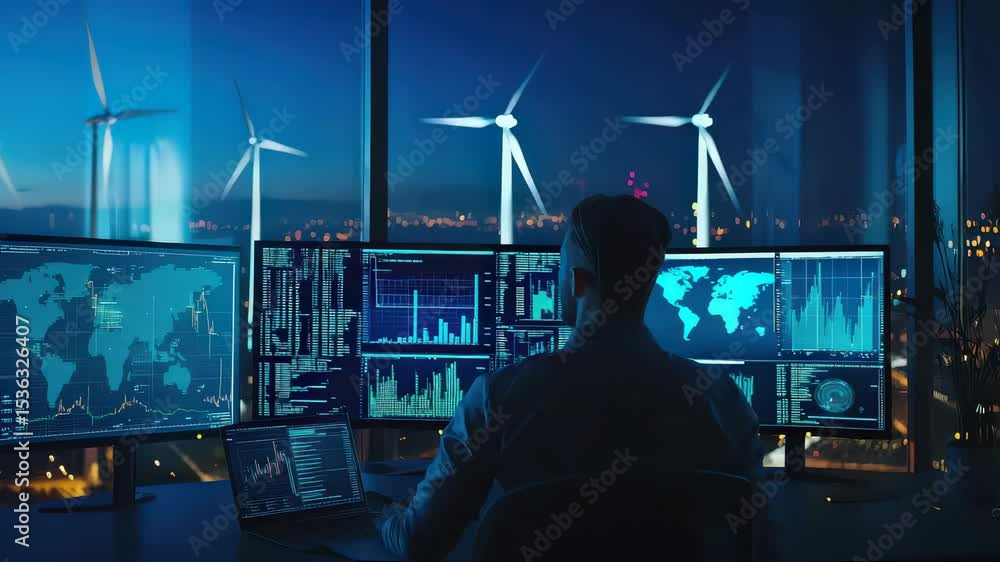 Poster A person monitors global data and analytics on large screens in a control center overlooking wind turbines at night.