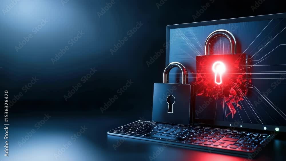 Aufkleber A laptop with padlocks on the keyboard and screen symbolizes cybersecurity and data protection.