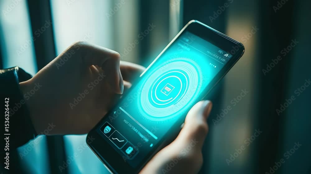 Poster A person holds a smartphone displaying a futuristic interface with digital data and security icons on the screen.