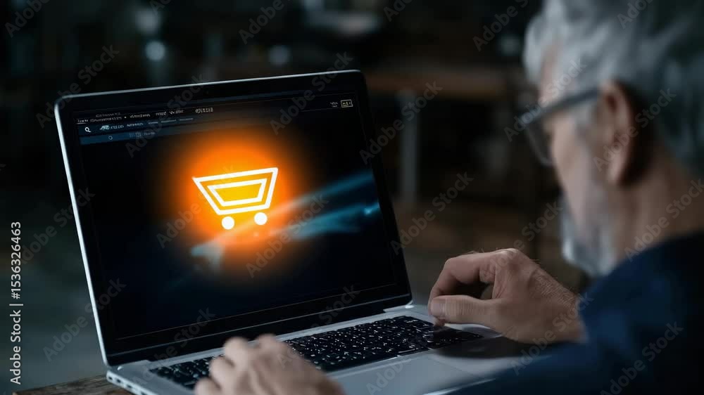 Poster A person using a laptop with a futuristic digital interface showing online shopping and cart icons.
