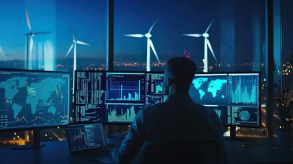 A person monitors global data and analytics on large screens in a control center overlooking wind turbines at night. - Powered by Adobe