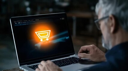 A person using a laptop with a futuristic digital interface showing online shopping and cart icons. - Powered by Adobe