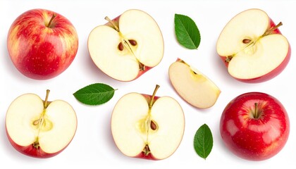 Juicy red apples, whole and sliced, with fresh green leaves, isolated on white.