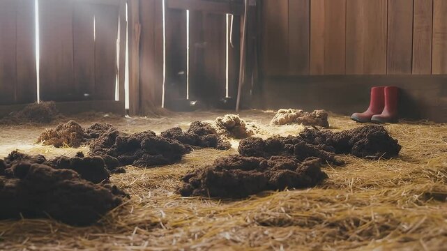 A large amount of horse manure covering the floor of a stable, showing heavy use and waste accumulation