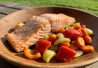 Freshly Grilled Salmon with Colorful Vegetables on a Rustic Wooden Plate in Natural Light