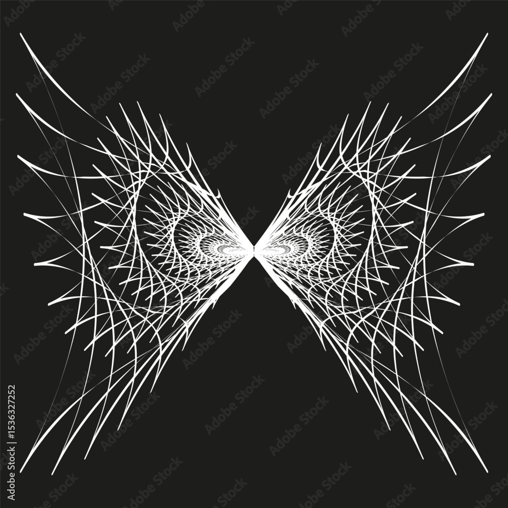 Poster symmetric wing illusion. optical line structure. white on black vector. abstract curved shape.