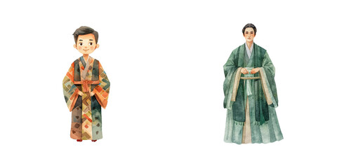 asian male in traditional dress watercolor vector illustration