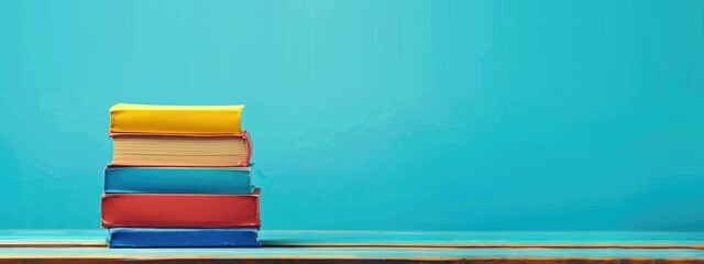A stack of books with an graduate cap on top against blue background, representing education and training concept.
