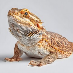 Obraz premium A close-up of a bearded dragon posing confidently against a neutral background, showcasing its vibrant scales