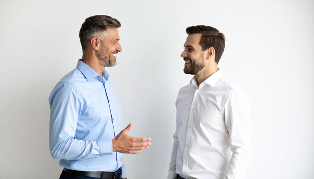 the image features two people facing each other in what appears to be a conversation. one individual is wearing a light colored shirt, while the other is wearing a white shirt