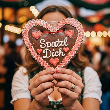 Woman holding a gingerbread heart with 'Spatzl Dich'