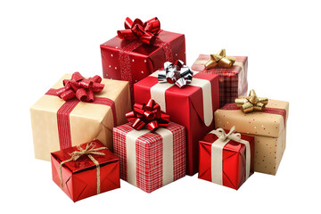 Obraz premium Festive Christmas gift boxes with colorful ribbons and wrapping paper isolated on transparent PNG background, high-resolution cutout ideal for holiday greeting cards and seasonal web banners