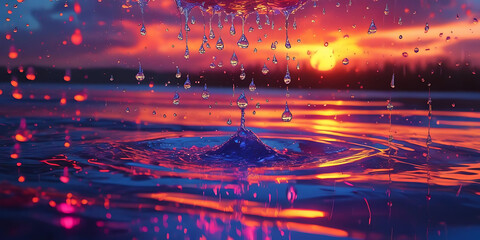 Vibrant Sunset Reflecting on Water with Colorful Droplets Creating Ripples Enhancing Tranquil Scene

