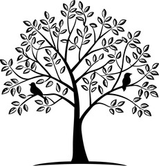 tree with leaves and birds  silhouette (1).eps