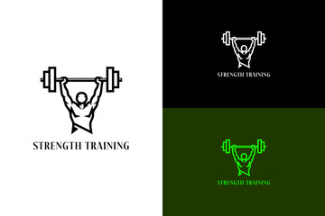 barbell being lifted above a figure illustration, icon, vector logo for bodybuilding, weightlifting, gym, workout, exercise, fitness, health, wellness, personal trainer, strength training, and more