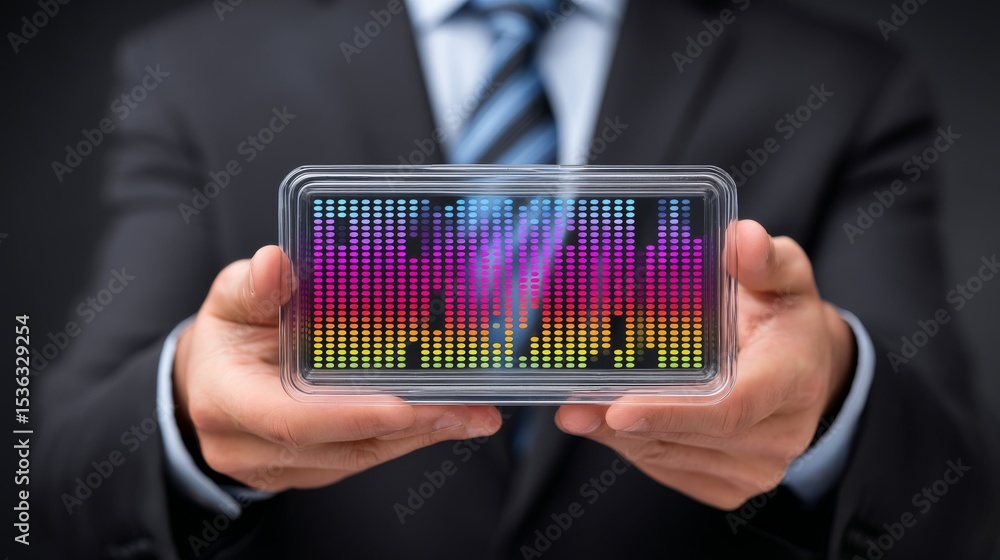 Poster a businessman showcases a smartphone displaying vibrant audio visualizer graphics.