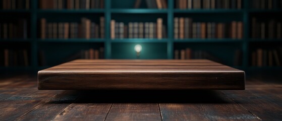 Fototapeta premium Wooden Surface on Table with Bookshelves in Background, Warm Lighting, Cozy Atmosphere