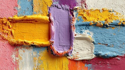 Close-up abstract painting with pastel colors: Yellow, blue, pink, purple, white layered shapes, broad brush strokes and tactile textures. For digital art, wall decor, packaging design, or art prints.