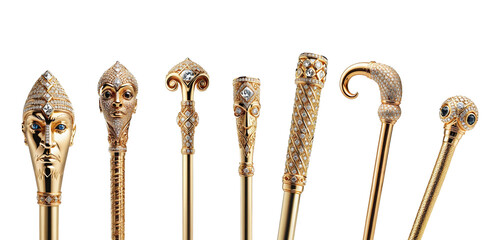 A variety luxurious golden staff set with diamond-encrusted head on an isolated transparent background.
