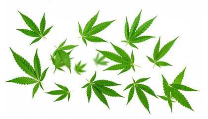Fototapeta premium Fresh green marijuana leaves arranged on a white background.