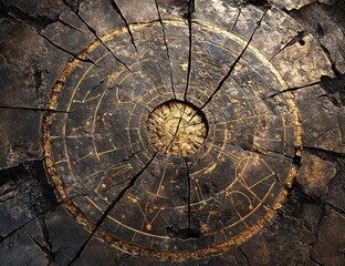 Ancient circular glyphs on a dark tree trunk