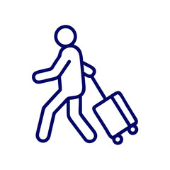 Stick figure traveler walking with a rolling suitcase