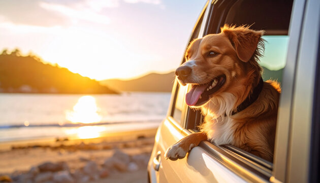 a happy, medium sized canine companion is peering out the open window of a passenger vehicle. the light shining from the horizon illuminates the animal's fur