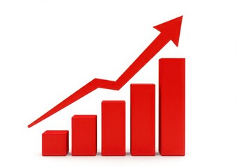 Red bar graph with arrow showing upward trend