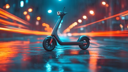 Electric Scooter on City Street at Night with Light Trails