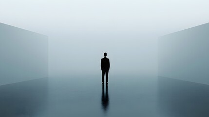 Solitary Businessman Silhouette Standing in Empty Space