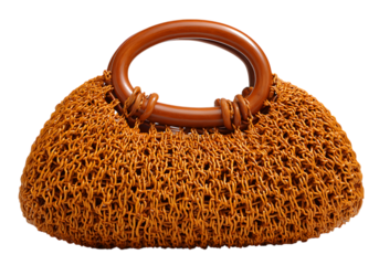 Elegant brown woven handbag with wooden handle stylish accessory,On Transparent Background, Isolated on white