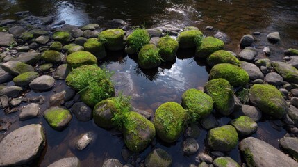 Mossy Rocks Surround Small Pond in Heart Shape Formation