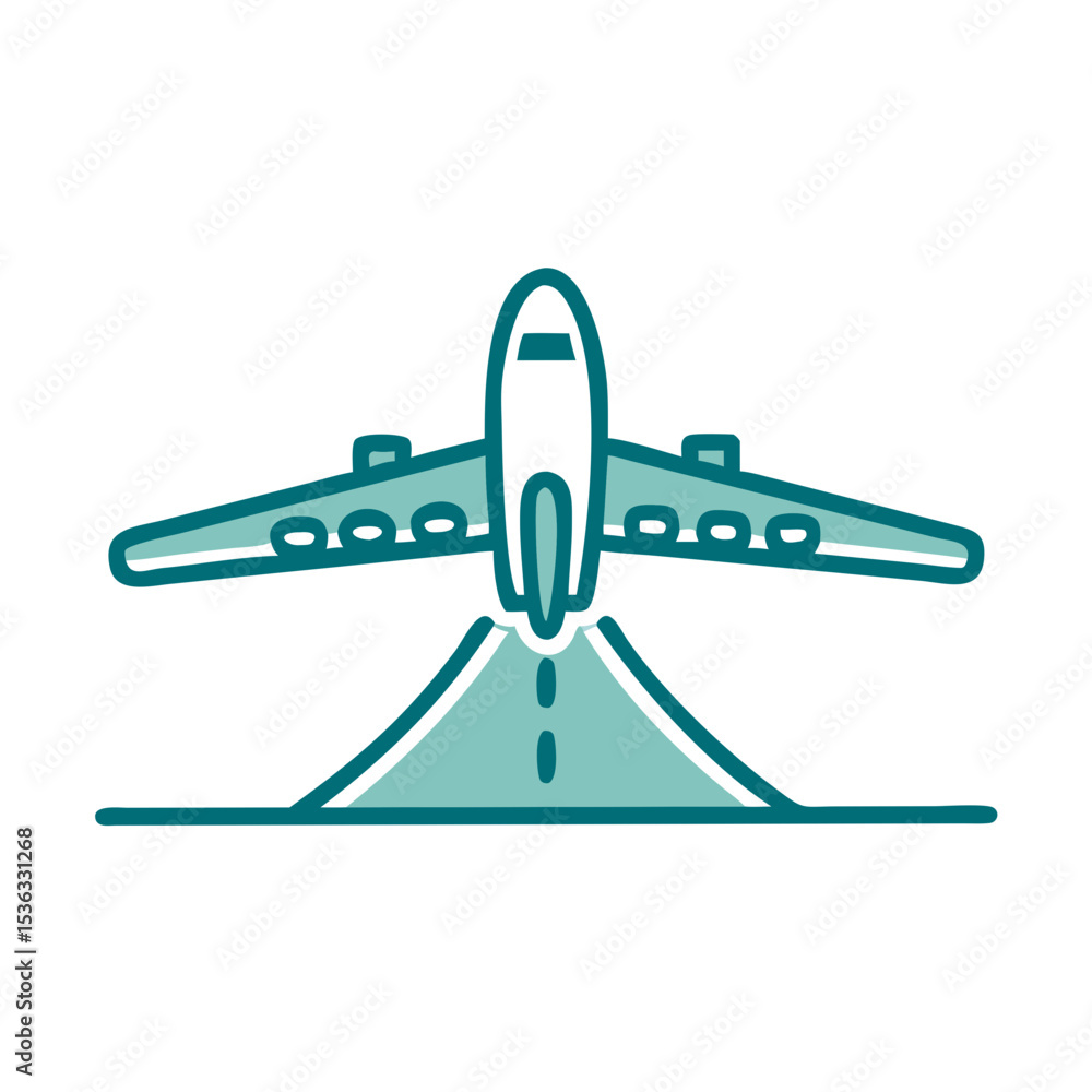 Poster airplane landing on runway with simple line art style