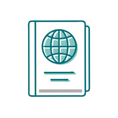 Outline illustration of a passport with a globe symbol on cover  
