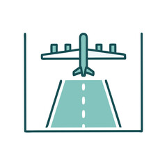 Airplane descending towards runway in minimalist line art style  