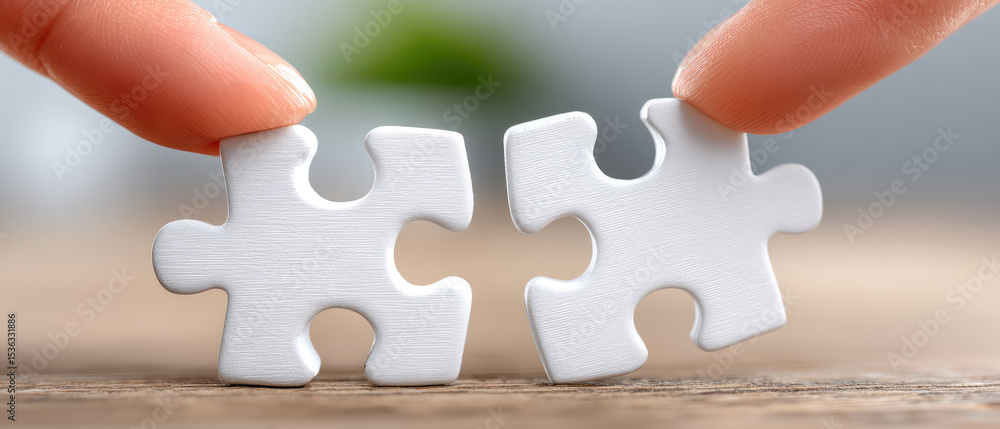 Poster connecting puzzle pieces a close-up of two interlocking white puzzle pieces in a natural light envir