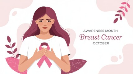 Woman with Pink Ribbon Breast Cancer Awareness October 1