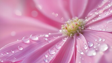 Intricate dawn composition of a pastel pink cosmos bloom showcasing dew-adorned tender petals and refined natural textures from an underside view