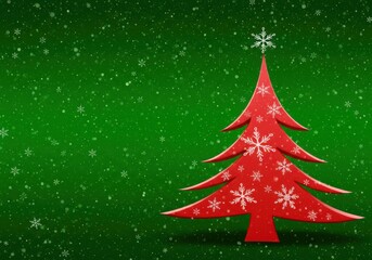 Red christmas tree with snowflakes on green background
