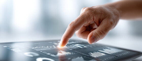 Digital interaction with technology analyzing data trends on a touchscreen device in a modern office environment