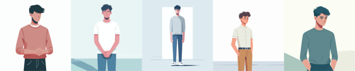 Young Men in Calm and Thoughtful Poses – Flat Vector Illustration Pack