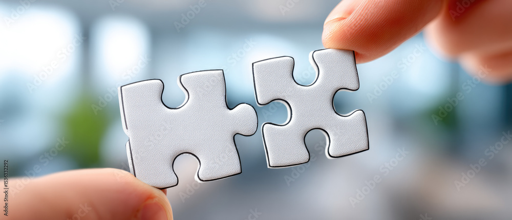 Poster connecting puzzle pieces business meeting room image indoor close-up view problem solving concept fo