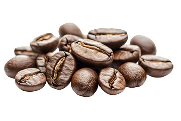 Naklejka premium High-resolution group of roasted coffee beans isolated on transparent background PNG cutout, perfect for coffee packaging, café menus, and food photography composites