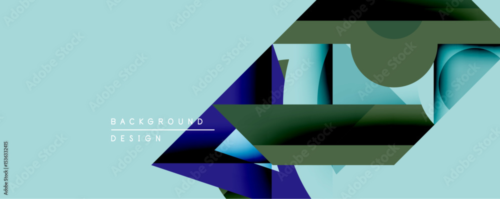 Aufkleber Abstract geometric composition. Overlapping shapes create dynamic visual effect. Blue, green hues dominate light background. Modern design element.