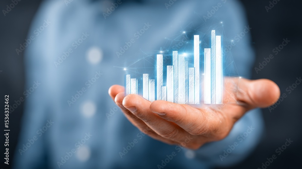 Poster a hand holds a digital graph, representing growth and progress in business analytics.