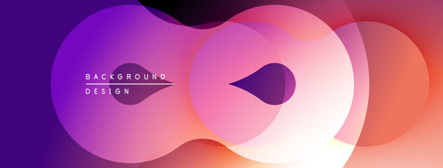 Abstract fluid shapes blend, creating vibrant purple, pink, orange gradients. Modern design evokes movement, energy, depth.