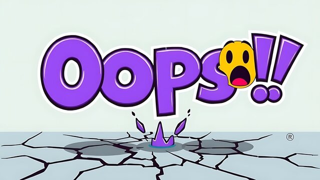 Playful "Oops!!!" Text with a Surprised Emoji and Cracks on the Ground, Depicting Mistakes, Errors, or Unexpected Mishaps