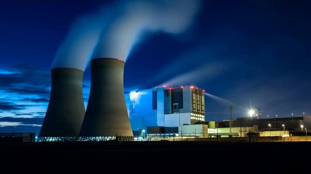 Nighttime view of a nuclear power plant with cooling towers emitting steam against a twilight sky