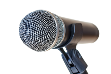 High-resolution professional microphone isolated on transparent background, PNG cutout ideal for podcasting, radio broadcasting, music recording, voiceover, and audio production design projects